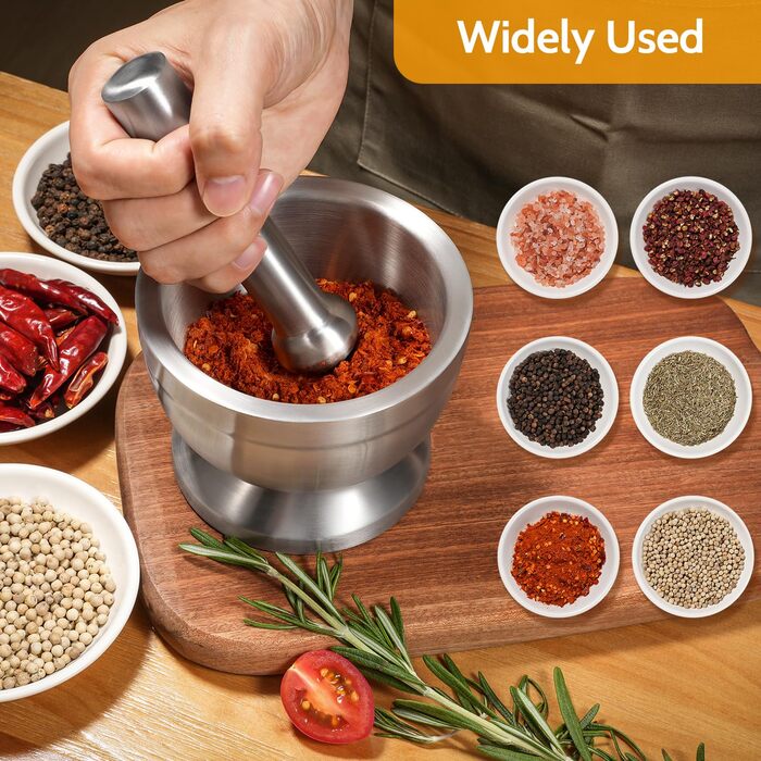 Ступка з товкачиком Sopito, нержавіюча сталь, 380 мл, діаметр 10 см - для спецій та трав