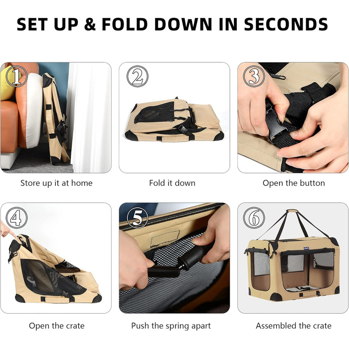 Транспортний бокс для тварин Petprsco з м'якими стінками, 3-дверний, складний, з ременями, для котів та собак, 81x58x58 см, бежевий