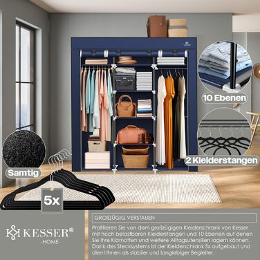 KESSER® Wardrobe Clothes Closet Stable with Clothes Rail & Shelves, Incl. 5x Clothes Hangers, Fabric Folding Closet for Bedroom, Dressing Room Wardrobe with Clothes Rack 150x45x175cm Navy Blue