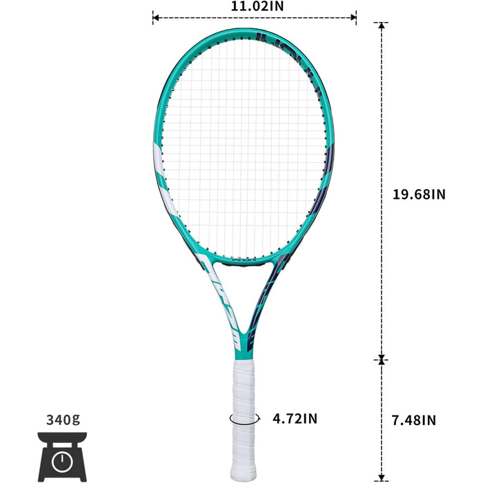 Adult Prestrung Tennis Set - Lightweight, 68.6cm - 2 Rackets, 3 Balls, 2 Grips, Vibration Dampeners - Grey & Green