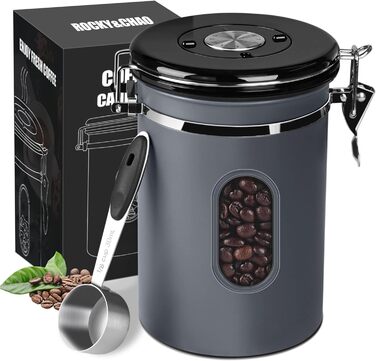 Контейнер для кави Rocky & Chao з нержавіючої сталі 1.8L, герметичний, з вікном, для кавових зерен, чаю, горіхів, какао