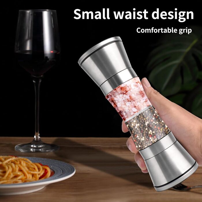 Мельниця для солі та перцю 2-в-1 Cyiecw, ручна, з регульованою керамічною млиночкою, з можливістю поповнення, нержавіюча сталь, срібна