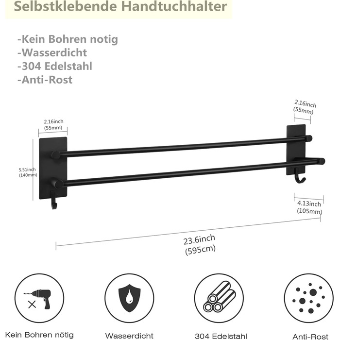 Тримач для рушників Vista без свердління, подвійний, 43.5 см, нержавіюча сталь, рушник-перекладина для ванної кімнати, самоклеючий, для ванної/кухні (60 см, чорний)