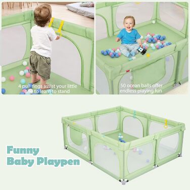 LIFEZEAL Playpen Baby 189 x 158 cm, Safety Play Area Children's Playpen with Super Soft, Foldable Baby Playpen made of Oxford Cloth with Handbag, 50 Ocean Balls, 4 Toddler Rings (Green)