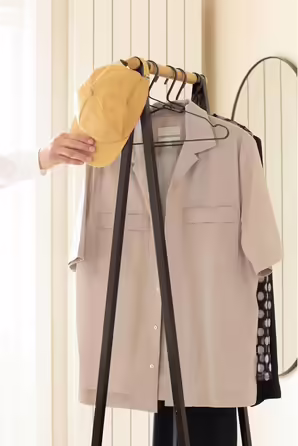 Brabantia - Linn Clothes Rail, Compact - Freestanding Clothes Rack - For Clothes - Hanging, Airing & Drying Clothes - Sturdy Steel Frame & Bamboo Rail - 47.6 cm x 34 cm x 170 cm - Matte Black