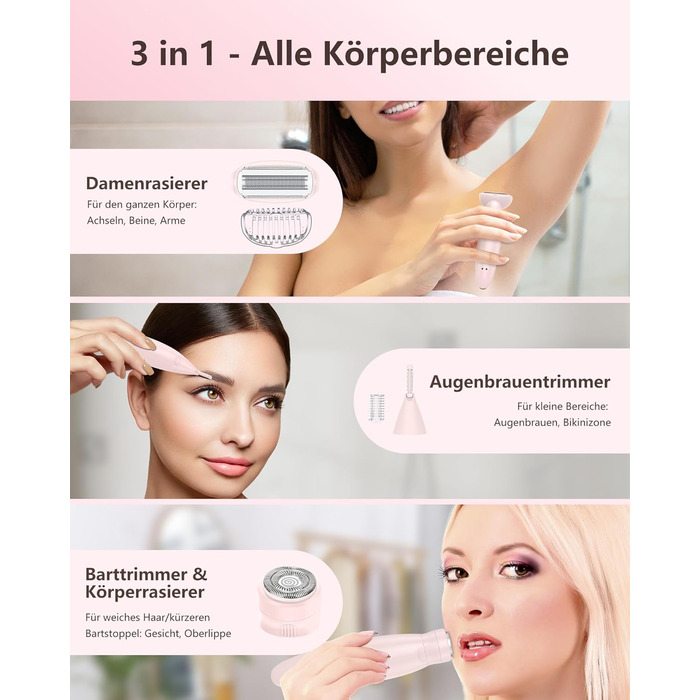 Електричний жіночий триммер 3-в-1 для тіла, обличчя, Bikinizone та ніг. Вологостійкий, USB-зарядка, білий (рожевий)