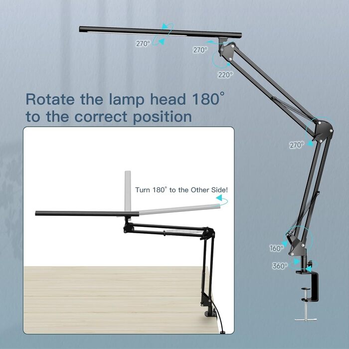 Світлодіодна лампа для робочого столу, кріпиться на край столу, архітектурна лампа з адаптером QC3.0, лінза Френеля, чорна