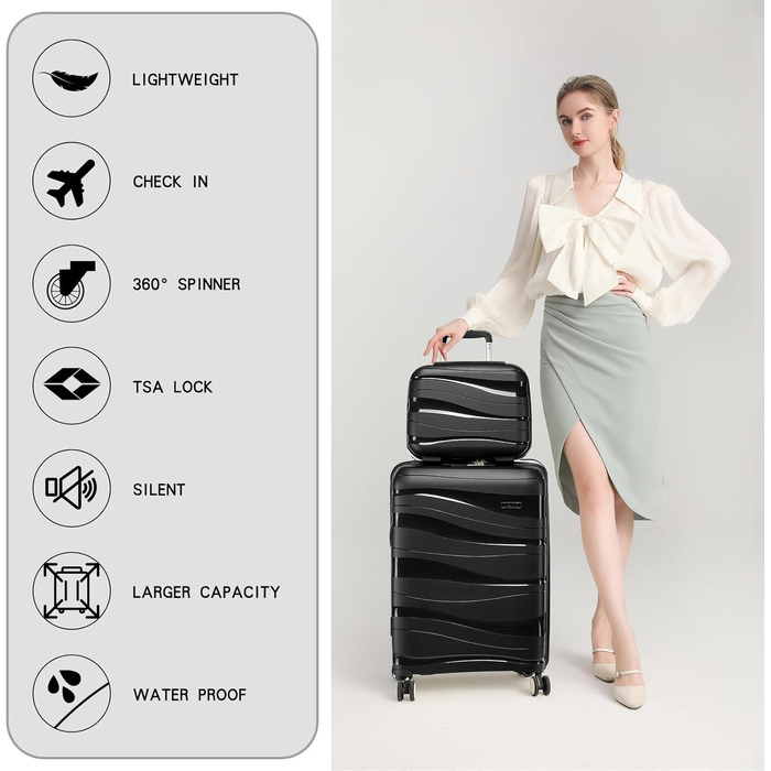 Чемодан-валіза KONO 55 см: легкий, з TSA замком та 4 колесами (чорний)