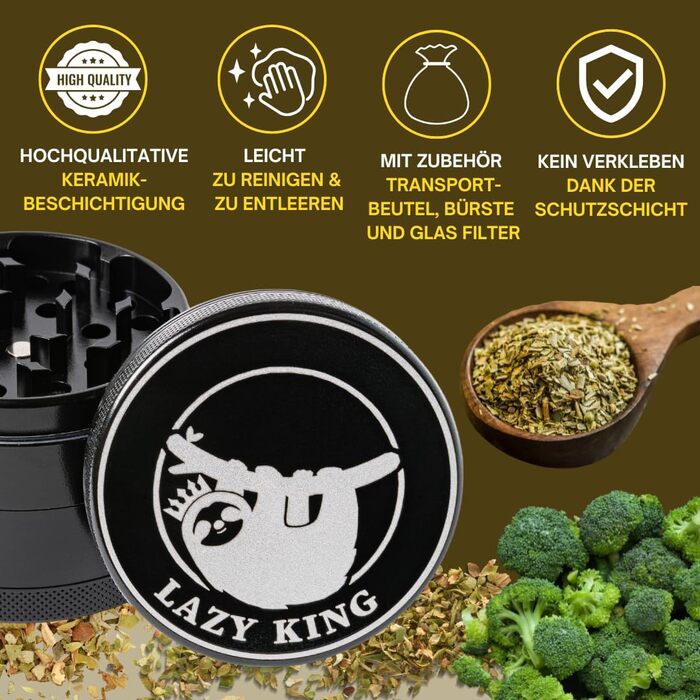 Преміум керамічна млинка LAZY KING для трав 63 мм, 4-частини, з щіткою, скляним фільтром, чохлом і скребком для пилку, нанокерамічне покриття, чорна