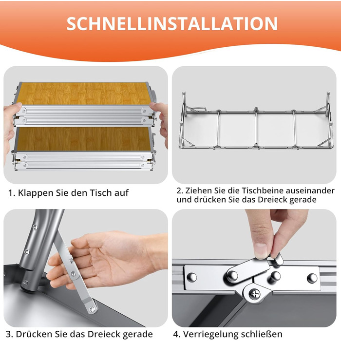 Складний кемпінговий стіл FUNYKICH 116x40x26 см, жовтий - алюмінієвий, MDF стільниця, з сумкою для перенесення