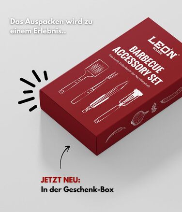 Набір гриль-посуду LEÓN Goods®: щипці, лопатка, виделка, щітка для гриля (4 шт.) з нержавіючої сталі та акації, для газових грилів. Ідеальний подарунок для гриля!