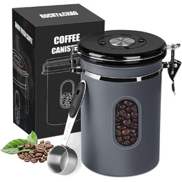 Контейнер для кави ROCKY&CHAO з нержавіючої сталі 1.8L, 600г, з прозорим вікном, для кавових зерен, чаю, горіхів, какао. Зберігає свіжість довше (1.5L-Сірий)