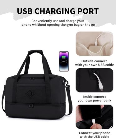 Спортивна сумка Wandf для ручної поклажі літака (45x36x20 см) з відділенням для взуття та мокрих речей, чорна