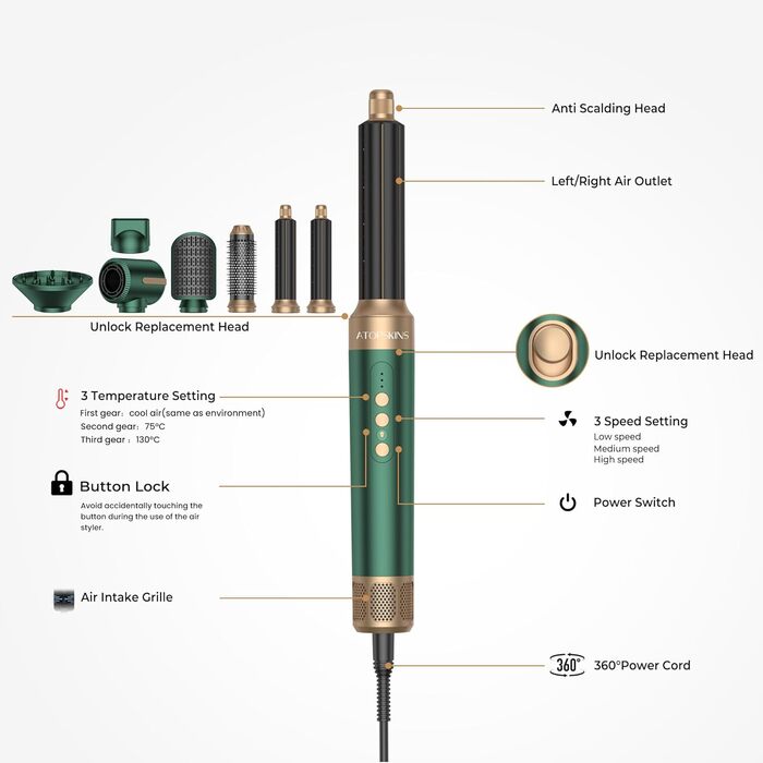 Atopskins Hairstyler: Фен-щітка 7-в-1 для створення зачісок, 110000 RPM, з іонізацією, дифузором, локонами, об'ємом, випрямленням, для волосся, зелений