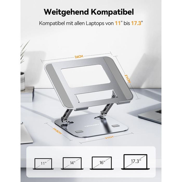 Підставка для ноутбука TECKNET регульована по висоті, ергономічна, складна, з вентиляцією, сумісна з 11-17.3 дюймами, для MacBook та планшетів (срібна)