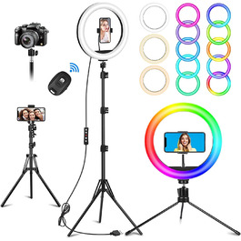 Рінг-лайт 10 дюймів з триподом для телефону, 32 режими RGB, регульована яскравість, для селфі, YouTube, TikTok, макіяжу та фотографії