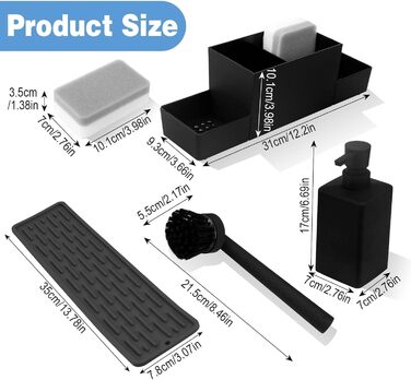 CAUTIOUS 350ML Sink Organizer with Brush, Soap Dispenser Sponge, Kitchen Dish Soap Dispenser Set Made of Plastic, Sink Organizer with Two Soap Dispensers, Kitchen Gadget Organizer (black)
