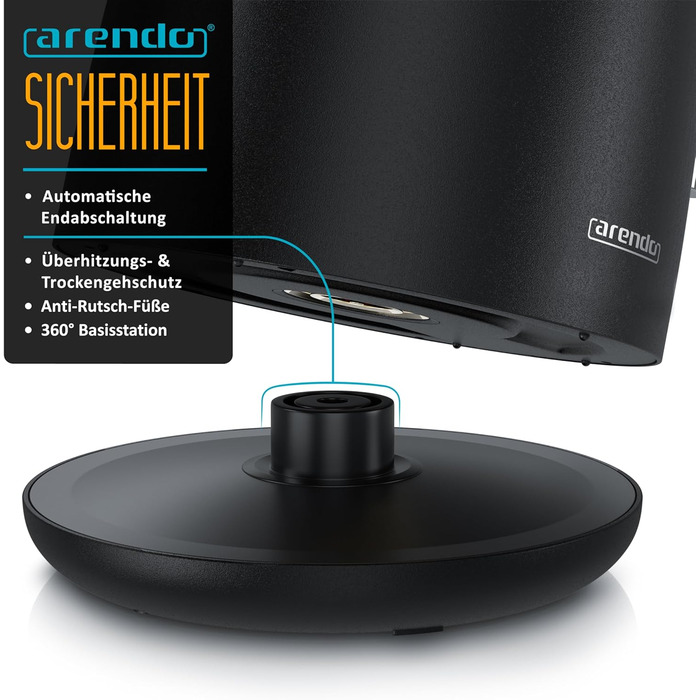 Електричний чайник Arendo з нержавіючої сталі 1.5 л, 2200 Вт, подвійні стінки, 360° обертання, без BPA, захист від перегріву та сухого кипіння, чорний матовий