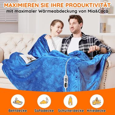 Електрична ковдра Mia&Coco з автовимкненням, 10 режимів нагріву, таймер до 9 годин, захист від перегріву, фланель, 200x180 см, блакитна