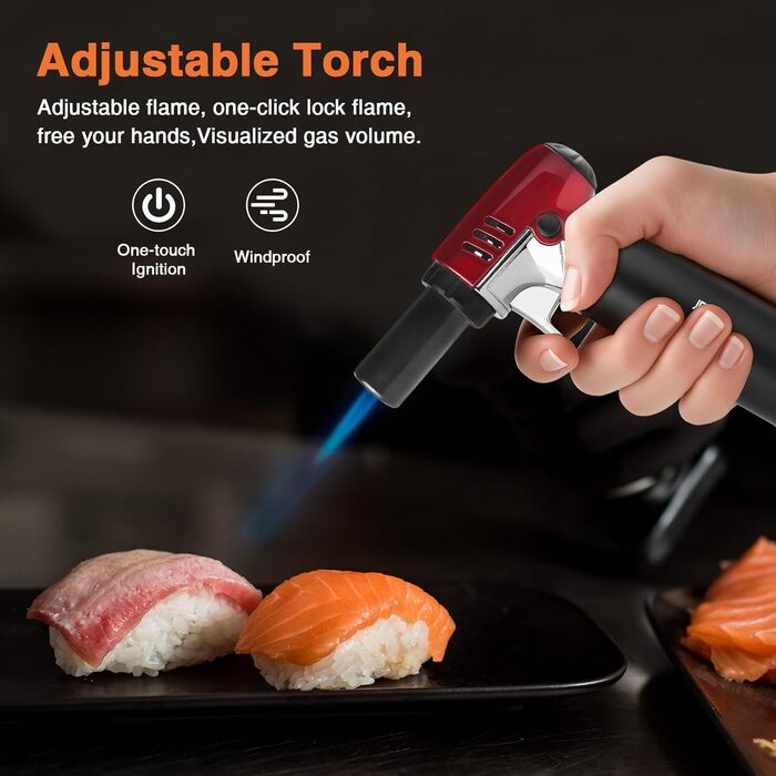 Газовий запальник Butan з регульованим полум'ям для кухні, випічки, барбекю, паяння. Безпечне замкове механізм, вікно рівня газу. Червоний, однотонний. (Butan Gas не входить до комплекту)