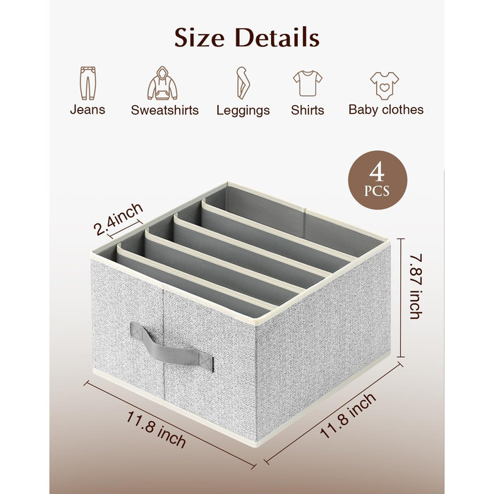 4 Piece Drawer Organizer, Jeans Closet Organizer, Foldable Storage Box with Compartments for Storing Clothes, Jeans, Shirts, Blankets, Underwear (12in. 4 Pack, Assorted)