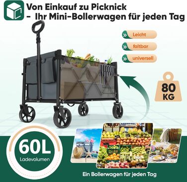 Складний візок Sekey Bollerwagen 80 кг, сірий 60л – універсальний для кемпінгу, покупок, транспортування вантажів