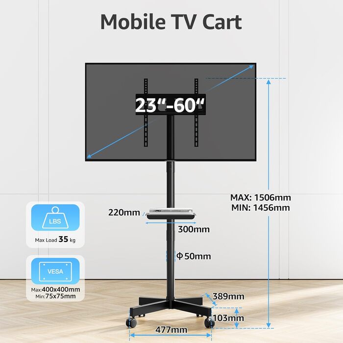 Телевізійна тумба MOUNTUP на колесах для LED/LCD/Plasma телевізорів 23-60 дюймів, до 35 кг, VESA 400x400 мм, з регулюванням висоти та нахилу