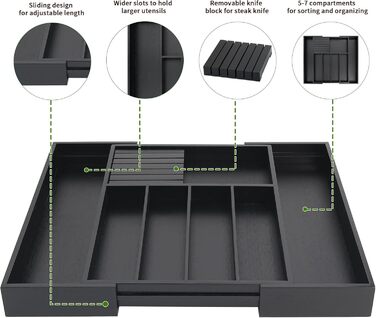 VaeFae Bamboo Cutlery Drawer Organizer Kitchen, Expandable Utensil Organizer with Knife Block, Cutlery Box with Divider, Multifunctional Wooden Drawer Organizer (Black).