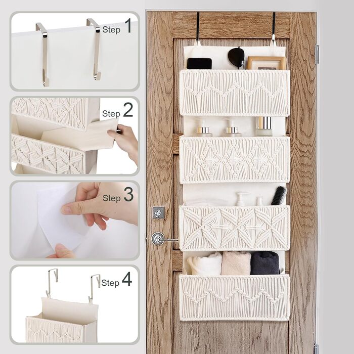 Органайзер для дверей з 4 кишенями, Бохо декор, настінне кріплення, для спальні, дитячої кімнати, ванної кімнати, слонова кістка