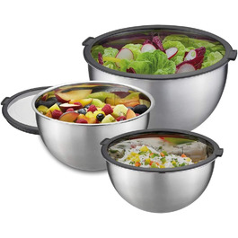 GEFU Fresh-Keeping Bowl Set MONDI with Lids, 1l, 2.5l and 4.5l - Stackable mixing, serving, or salad bowls made of stainless steel with plastic lids