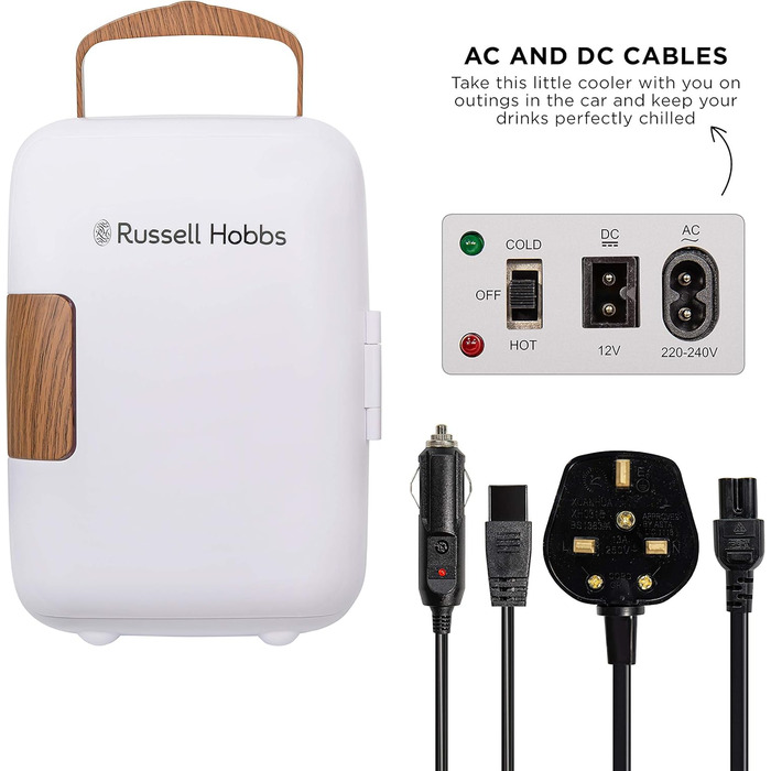 Russell Hobbs Mini Portable Cooler & Warmer - Drink, Beauty & Skincare - AC/DC - Scandi Style White & Wood Effect