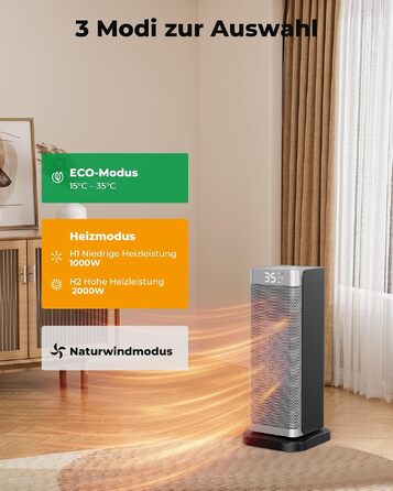 Керамічний електричний обігрівач повітря 2000W з дистанційним керуванням, ECO-режимом, таймером на 12г та поворотом 70°, сріблястий