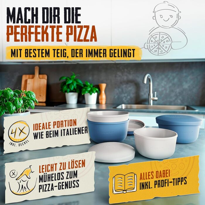 LOEWERK Pizza Ball Box with Lid – 4-Piece Set – Breathable Dough Box for Perfect Pizza Dough - Space-Saving Silicone Pizza Dough Box with Lid, Pizza Box, Pizza Ball Box, Proofing Box – Olive/Gray (4 Pieces blue+gray)
