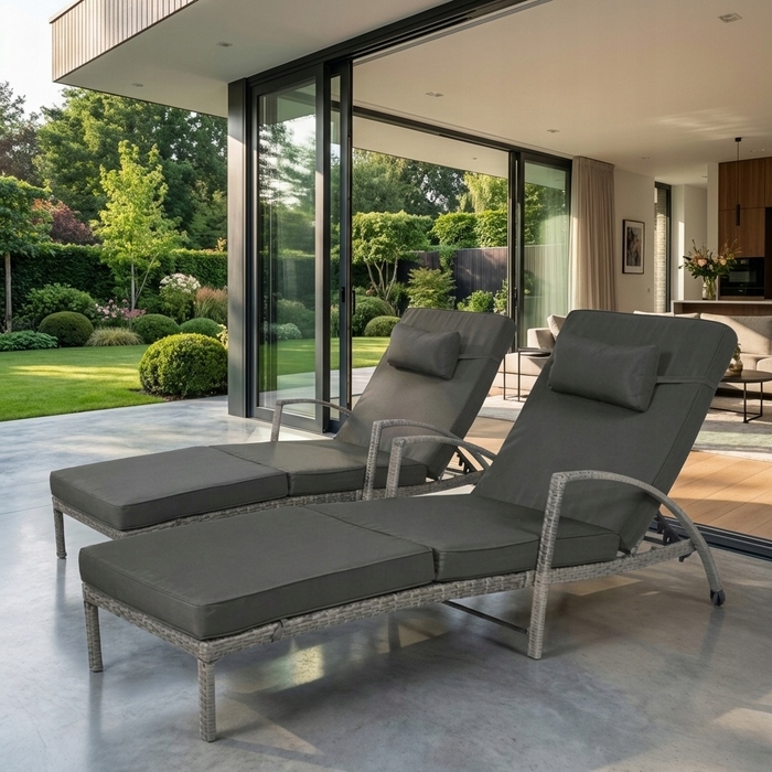 Комплект із 2 садових шезлонгів XL-2505, сірий техноротанг + сірі подушки