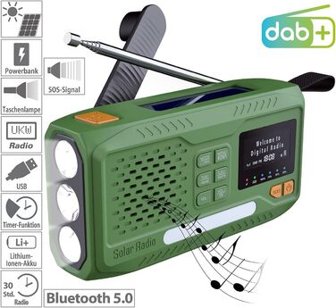 Радіо Infactory для надзвичайних ситуацій: мобільне DAB+ радіо з ручним приводом, сонячною панеллю, LED-дисплеєм, USB, Bluetooth 5