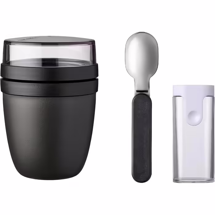 Mepal Lunchpot Set with Folding Spoon, Ellipse – Nordic Black – practical muesli cup and food container for transport