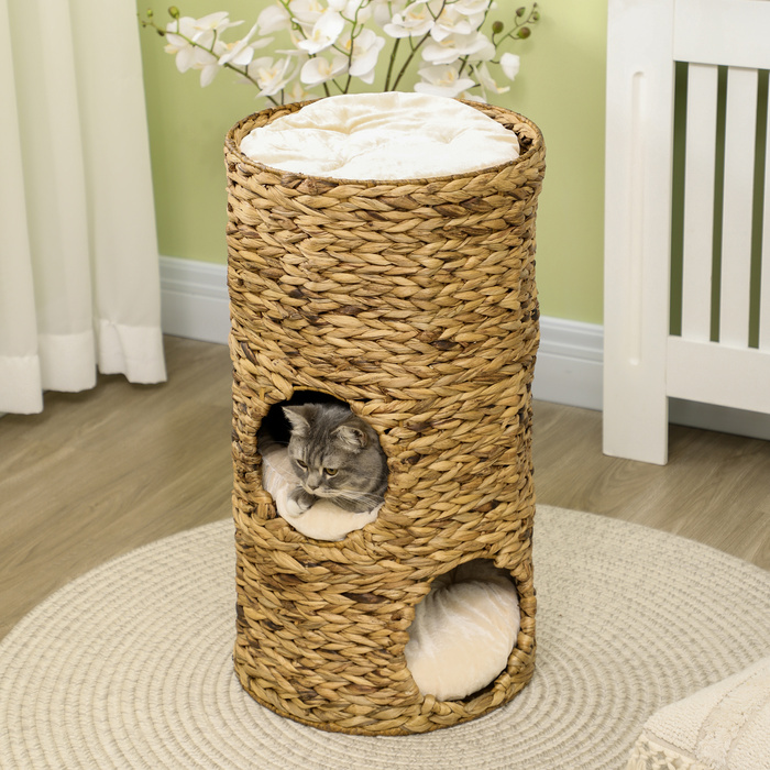 PawHut Cat Tree 73cm 3-Tier with Water Hyacinth and Steel Cushions, Light Brown for Cat Lovers