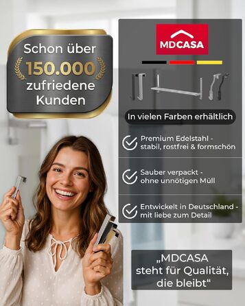 Тримач для рушників MDCASA Premium — підвісний затискач на двері без свердління, регульований, нержавіюча сталь, з захистом від подряпин