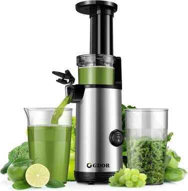GDOR Compact Juicer - Powerful Juicer, Slow Juicer, Easy-to-Clean Juicer Machine, Quiet Juicer for Fruits and Vegetables, 600 ml, High Juice Yield, Includes Brush, BPA-Free Silver