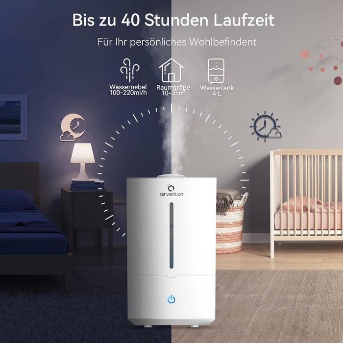 Ультразвуковий зволожувач повітря, 4 літри - тихий зволожувач для дитячої кімнати, спальні та для немовлят