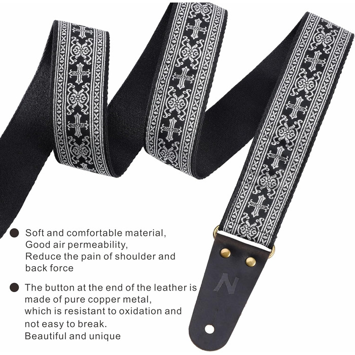 Накладки на гітару Nefelibata: 2 шт., з вишивкою, з повного нубуку, з прихованою кишенею, для бас-гітари, електро- та акустичної гітари, безкоштовна пряжка, замок для ременя та медіатор (срібний хрест)