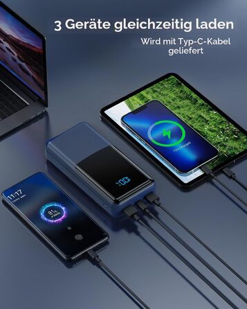 Повербанк 27000mAh з швидкою зарядкою USB-C PD 20W, зовнішній акумулятор для iPhone та Samsung з LED-дисплеєм, 2 входи та 3 виходи, чорний