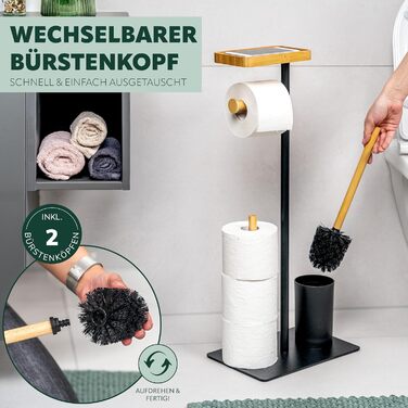 Набір для туалету Eluno Stand-WC 4в1: щітка, тримач туалетного паперу, полиця, бамбук/метал (білий/чорний)