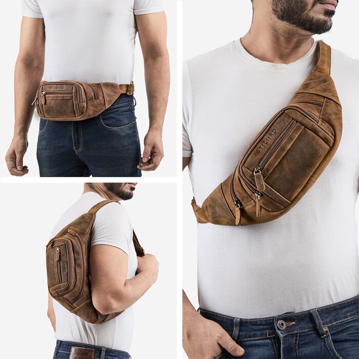 STILORD 'Dublin' чоловіча поясна сумка з натуральної шкіри велика, водовідштовхуюча, захист від крадіжки, багато відділень, XXL, для подорожей, активного відпочинку, фестивалів, колір: коричневий (Mittel - Braun)