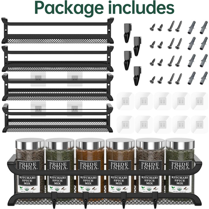 Настінна полиця для спецій, 4 шт. Організатор для спецій з рухомими гачками, полиця для спецій на кріпленнях (клей/шурупи), металева, для кухні та шафи