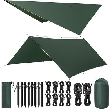 VOSOIR Waterproof Camping Tarp - 3x3/3x5M - UV Protection, Lightweight, with Grommets, Stakes & Rope - for Camping, Hiking, Picnics, Hammocks