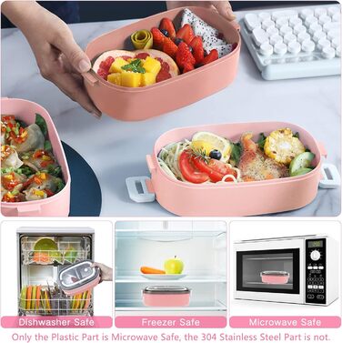 Ланчбокс дорослий з сумкою, б/дос. контейнер для їжі для дітей з 3 відсіками, вил. витікання, мікрохвл. б/дос. бенто-бокс для роботи, школи, пікніка, подорожей (рожевий)