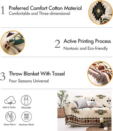 Плед Boho з китицями 130×180 см, геометричний жаккардовий плед у американському етнічному стилі, декоративний плед для дому, офісу, подорожей і кемпінгу Sucre