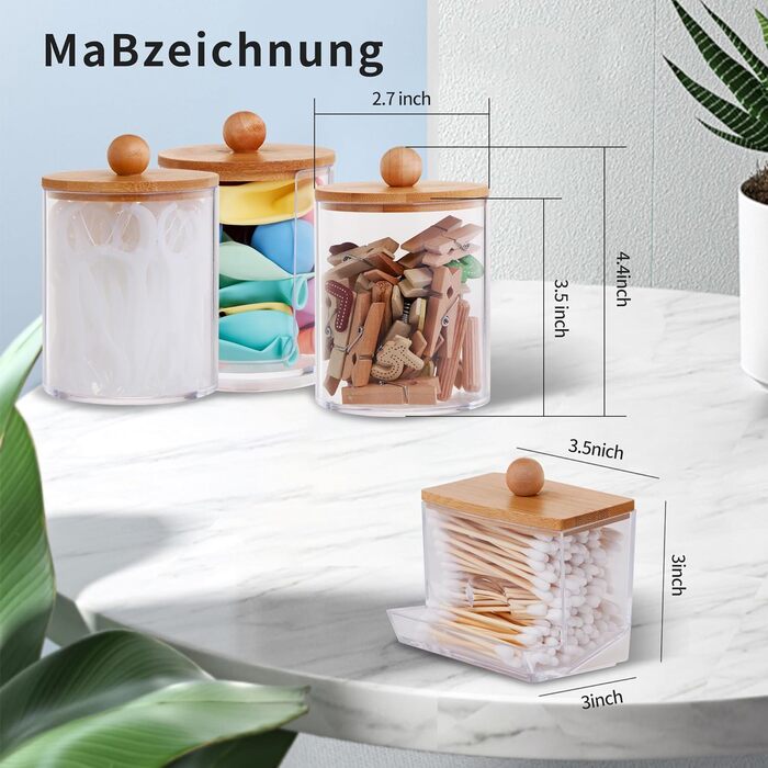 Контейнер для ватних паличок (4 шт.) з бамбуковою кришкою - органайзер для макіяжу, ватних дисків, для ванної кімнати та спальні