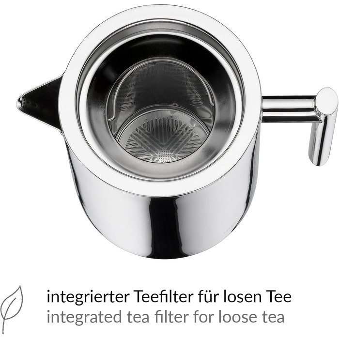 alfi TEA POT 1.40l, Stainless steel insulated pot with tea strainer and tea catcher, single-walled stainless steel, durable thermos pot, ideal as a teapot for loose tea, dishwasher-safe, BPA-free
